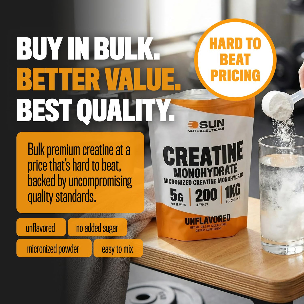 Poudre de créatine Sun Nutraceuticals dans un shaker