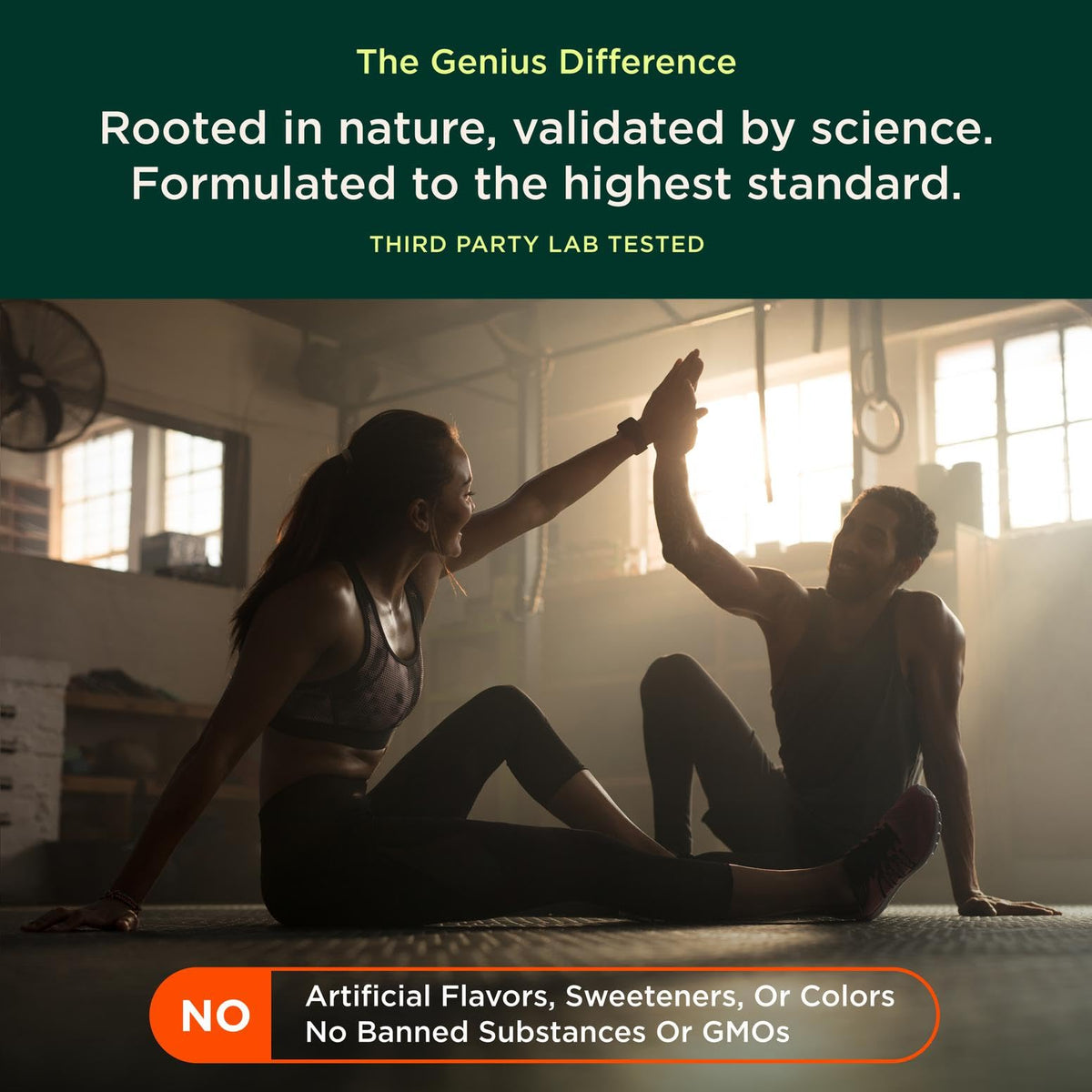 Poudre de créatine The Genius Brand 240g dans un environnement de fitness