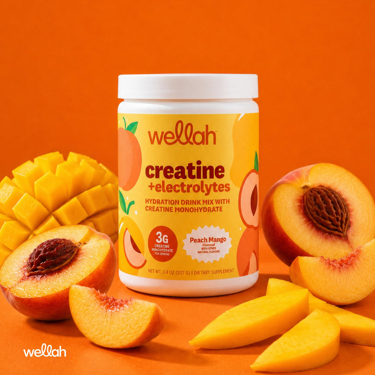 Poudre de créatine Wellah avec une cuillère doseuse