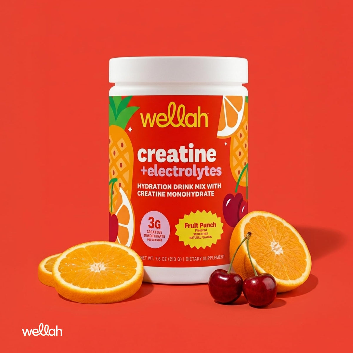 Poudre de créatine Wellah avec une cuillère doseuse à côté