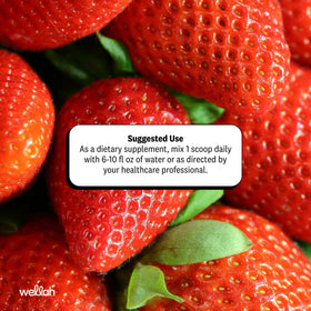 Poudre de créatine Wellah sur une table avec des fruits