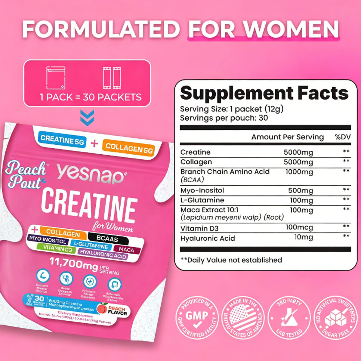 Poudre de créatine Yesnap avec collagène et BCAA