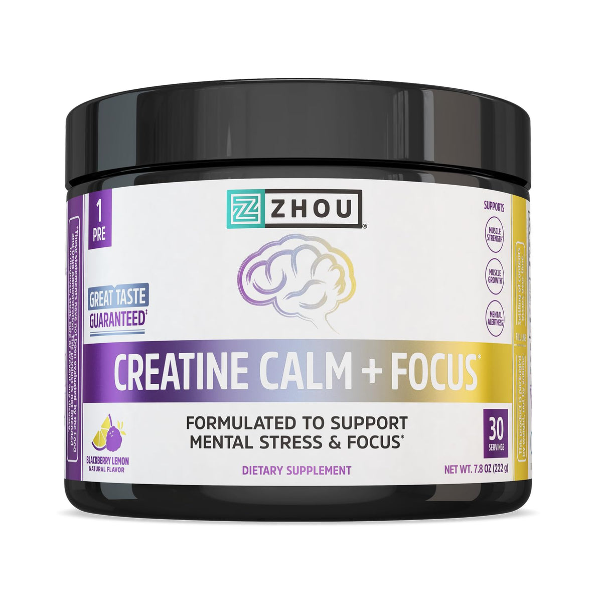 Poudre de créatine ZHOU Calm et Focus saveur mûre citron, vue avant