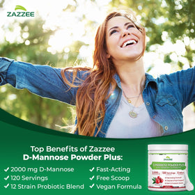 Poudre de D-Mannose Plus Zazzee 2000mg vue arrière avec étiquette