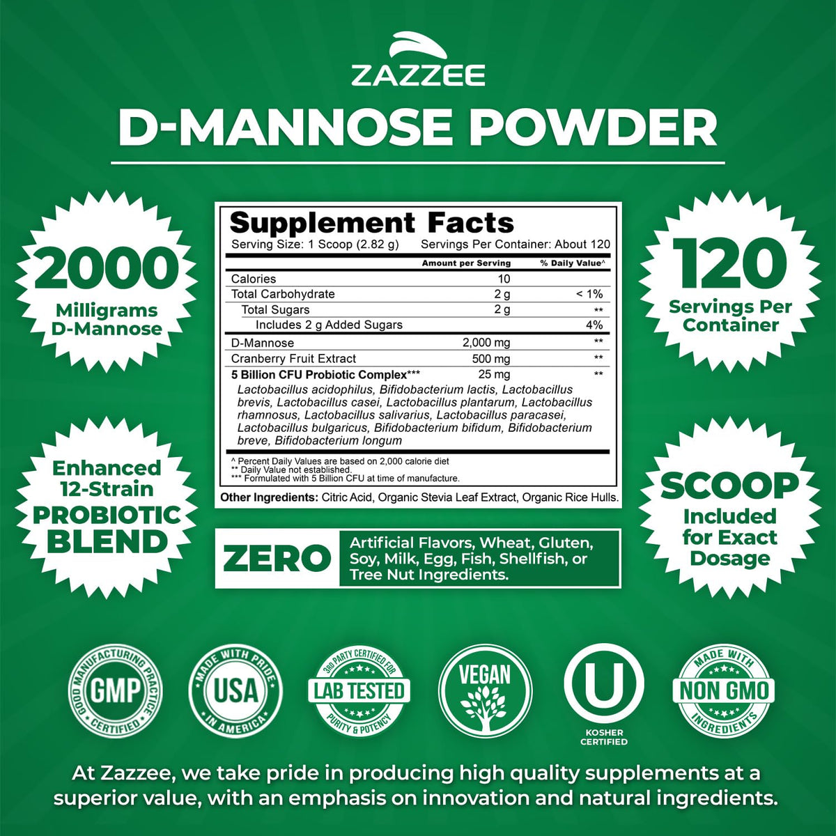 Poudre de D-Mannose Plus Zazzee 2000mg vue de côté avec contenu visible
