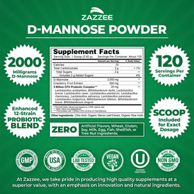Poudre de D-Mannose Plus Zazzee 2000mg vue de côté avec contenu visible