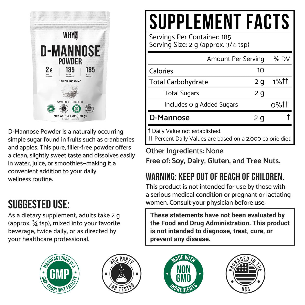 Poudre de D-Mannose WHYZ 370g, vue de côté montrant la texture