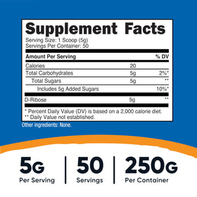 Poudre de D-Ribose Nutricost 250g vue arrière