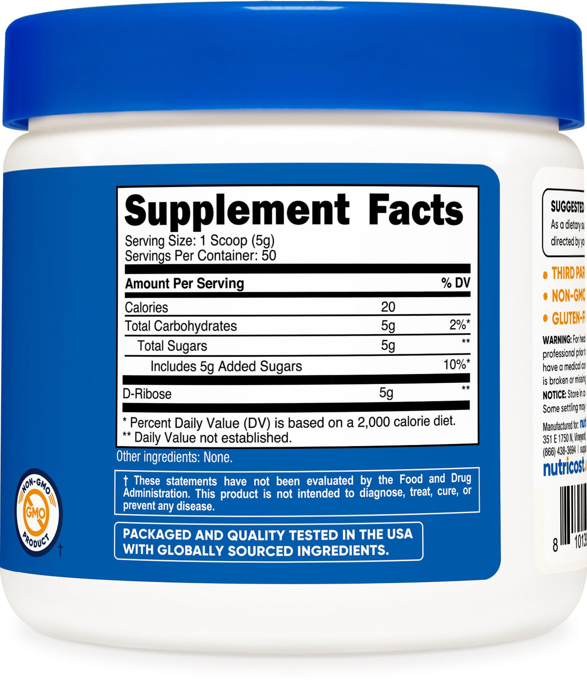 Poudre de D-Ribose Nutricost avec ingrédients sur une table
