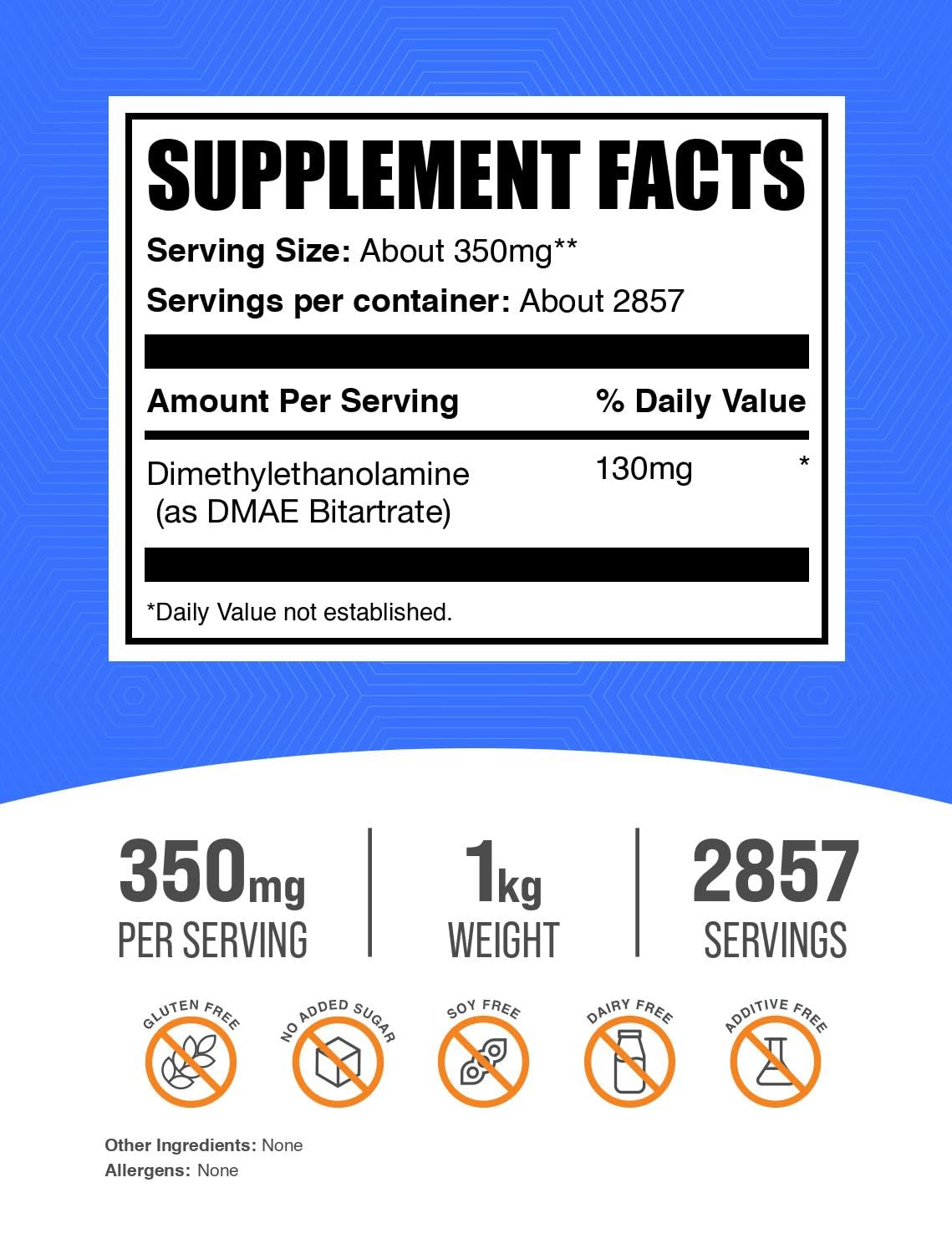 Poudre de DMAE Bitartrate BulkSupplements 1kg, vue de côté