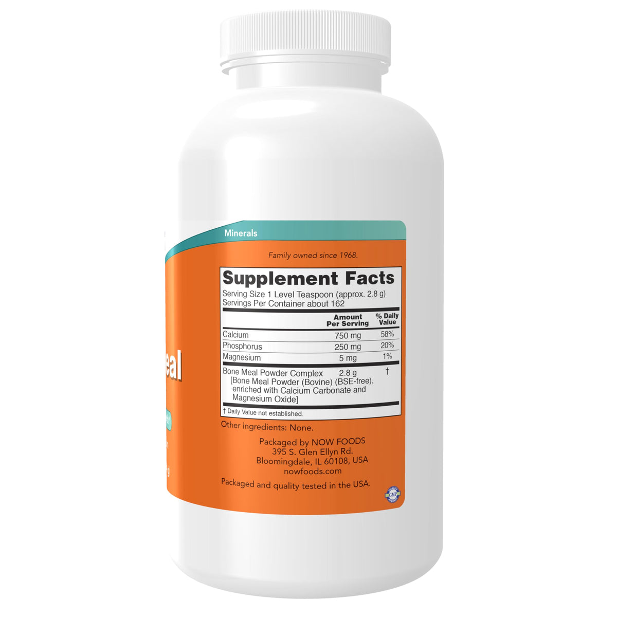 Poudre de farine d'os NOW Foods 540g vue arrière avec informations nutritionnelles