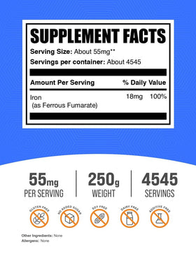 Poudre de Ferrous Fumarate BulkSupplements 250g avec cuillère de mesure