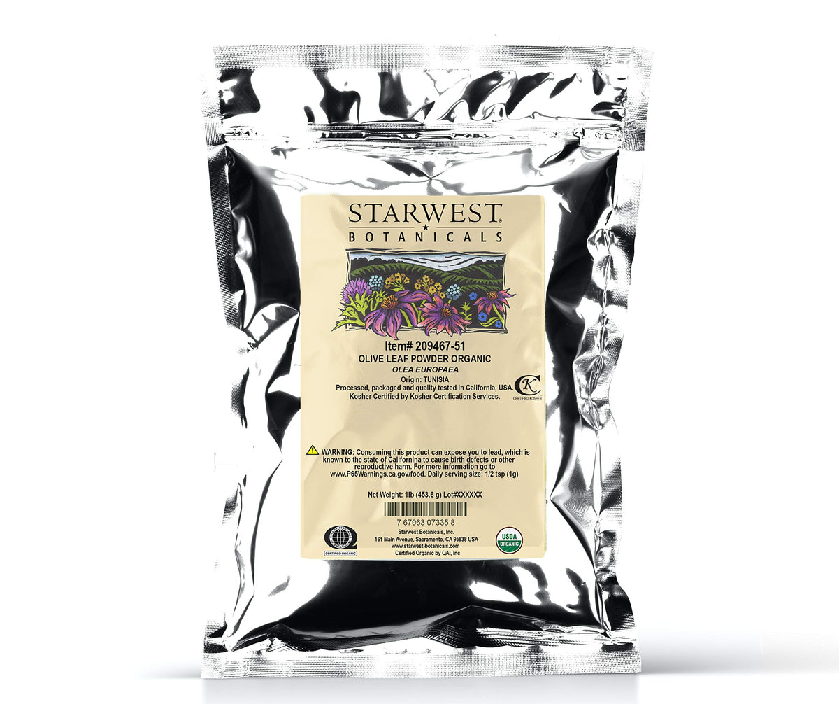 Poudre de feuille d'olivier bio Starwest Botanicals 472g en sachet refermable