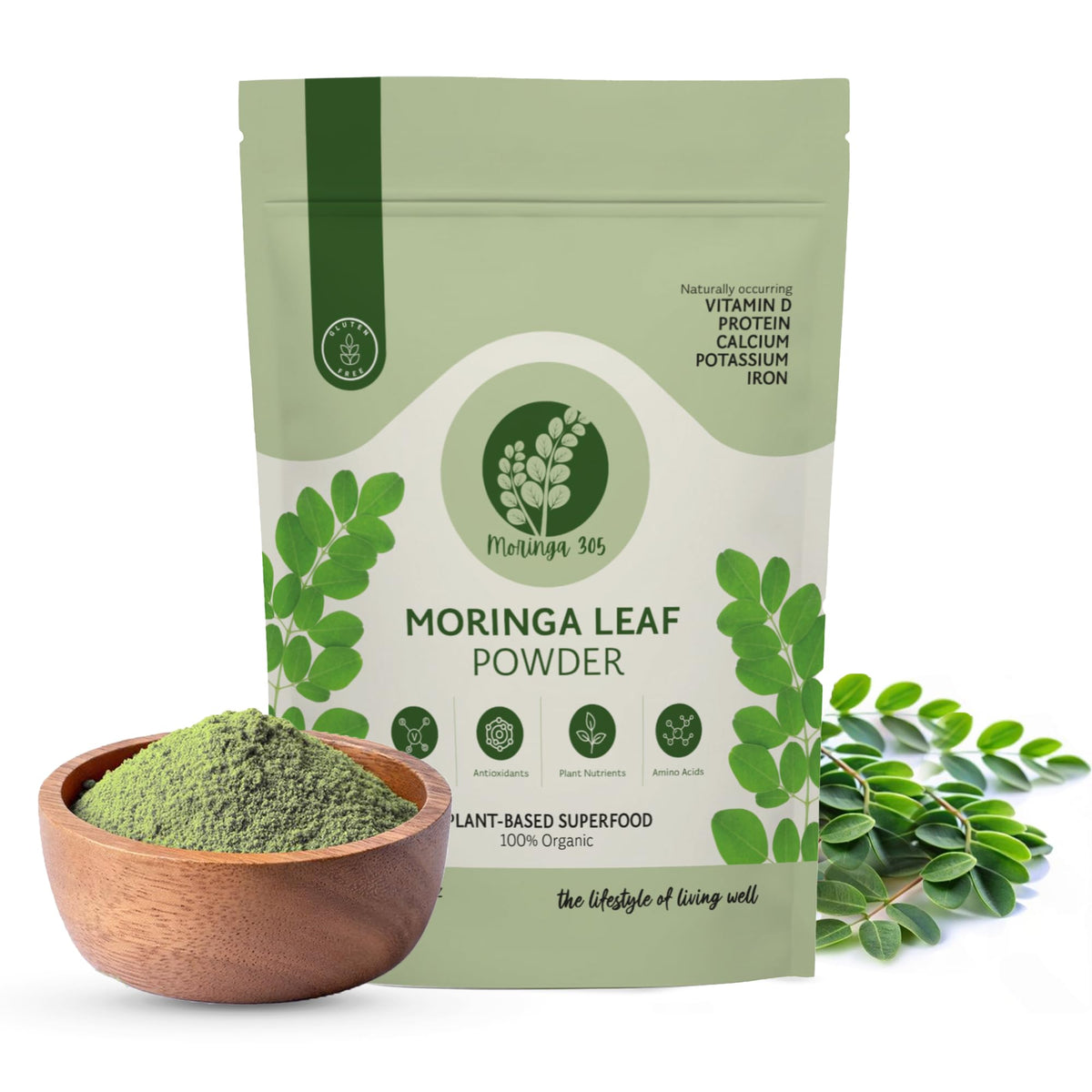Poudre de feuille de Moringa 305 150g vue de face