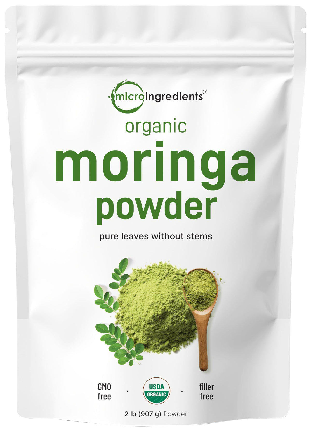 Poudre de feuille de Moringa Bio Micro Ingredients 930g vue de face