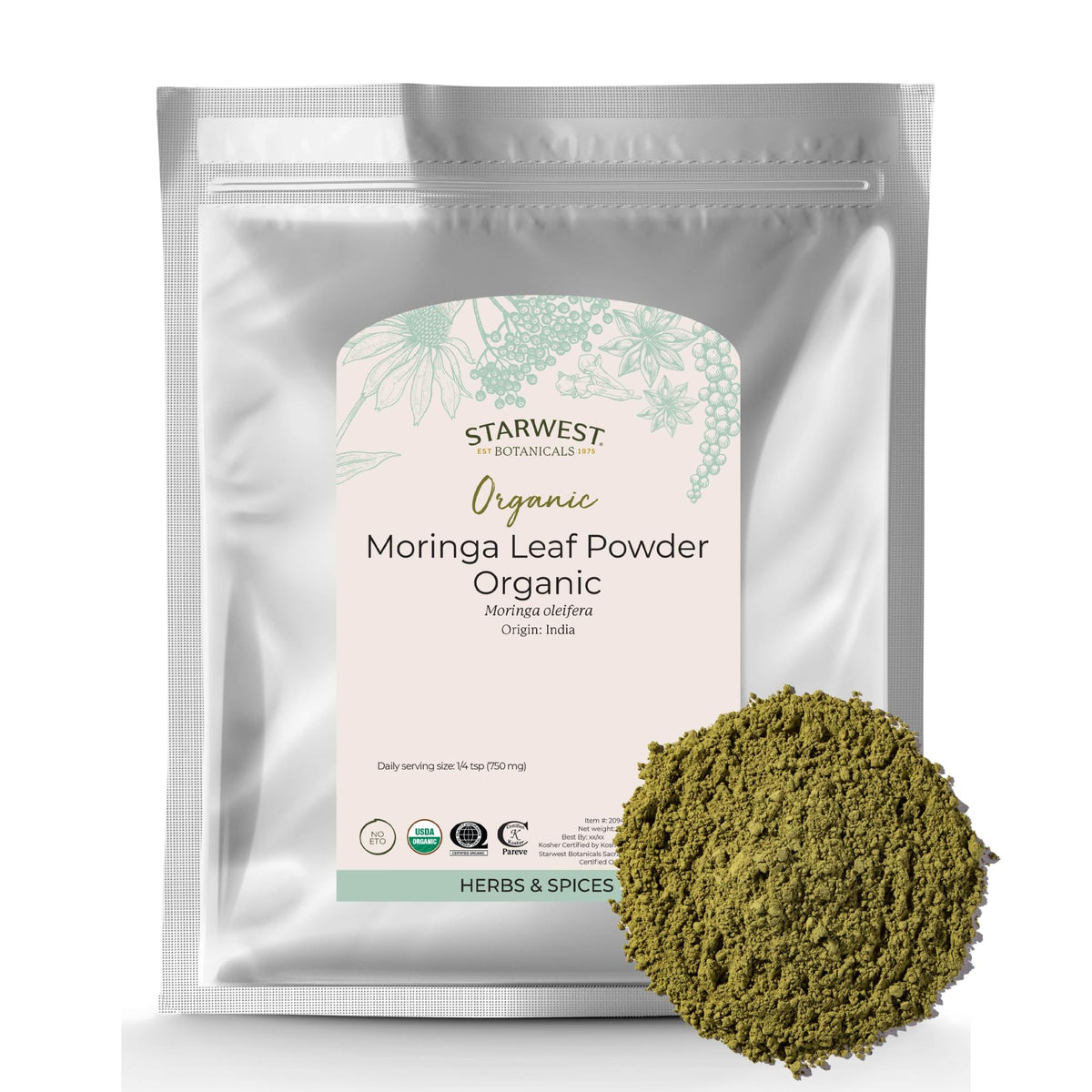 Poudre de feuille de moringa bio Starwest Botanicals 481g, vue de face