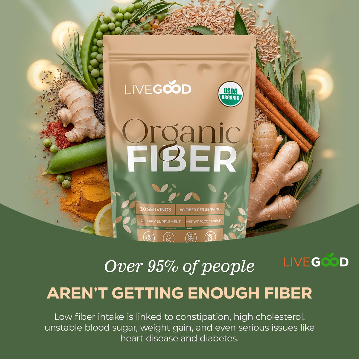 Poudre de Fibre Biologique LIVEGOOD 308g avec cuillère