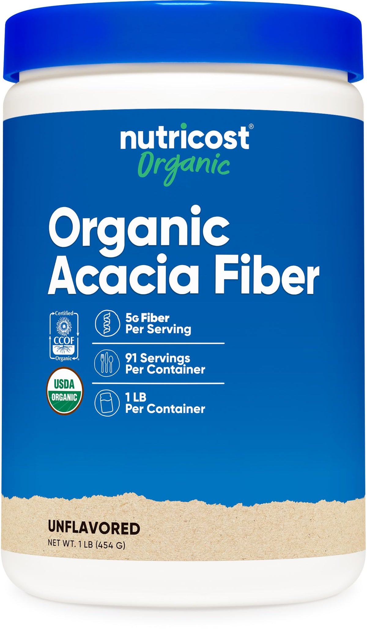 Poudre de fibre d'acacia bio Nutricost en pot de 540g vue de face