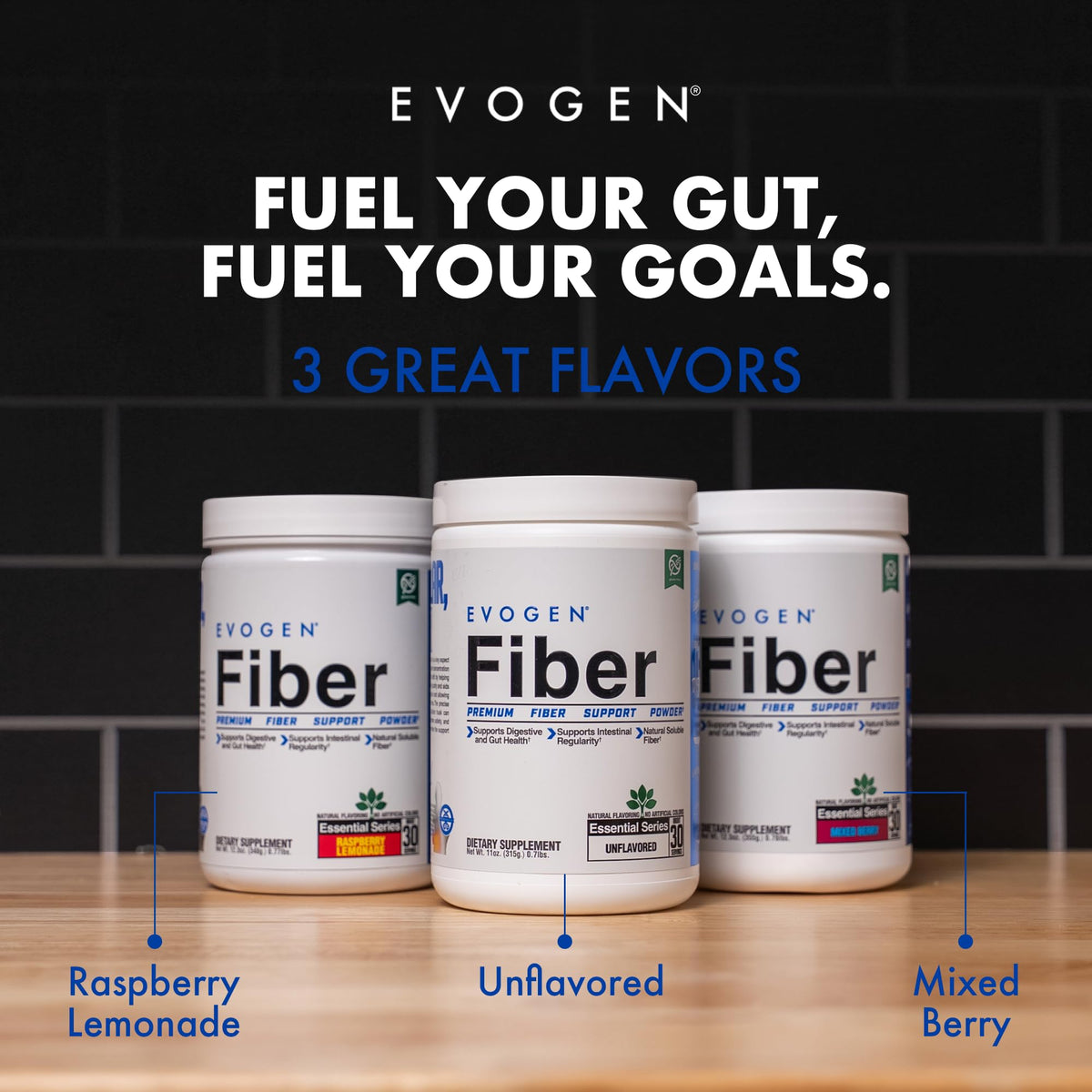 Poudre de Fibre Evogen sur une table avec des ingrédients