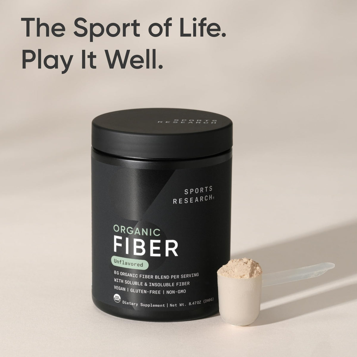 Poudre de Fibres Biologiques Sports Research sur une table en bois