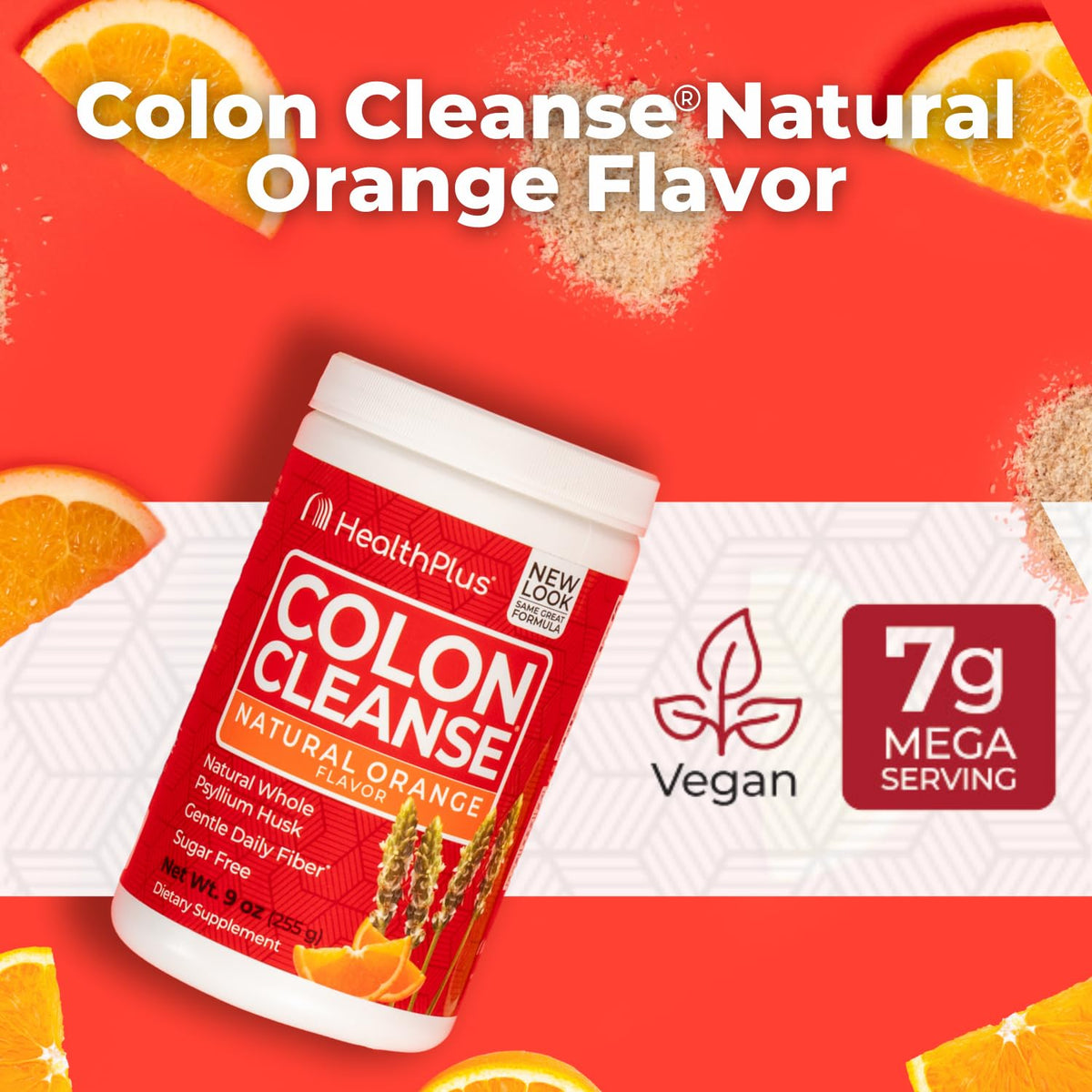Poudre de fibres Colon Cleanse Health Plus, présentation sur une table