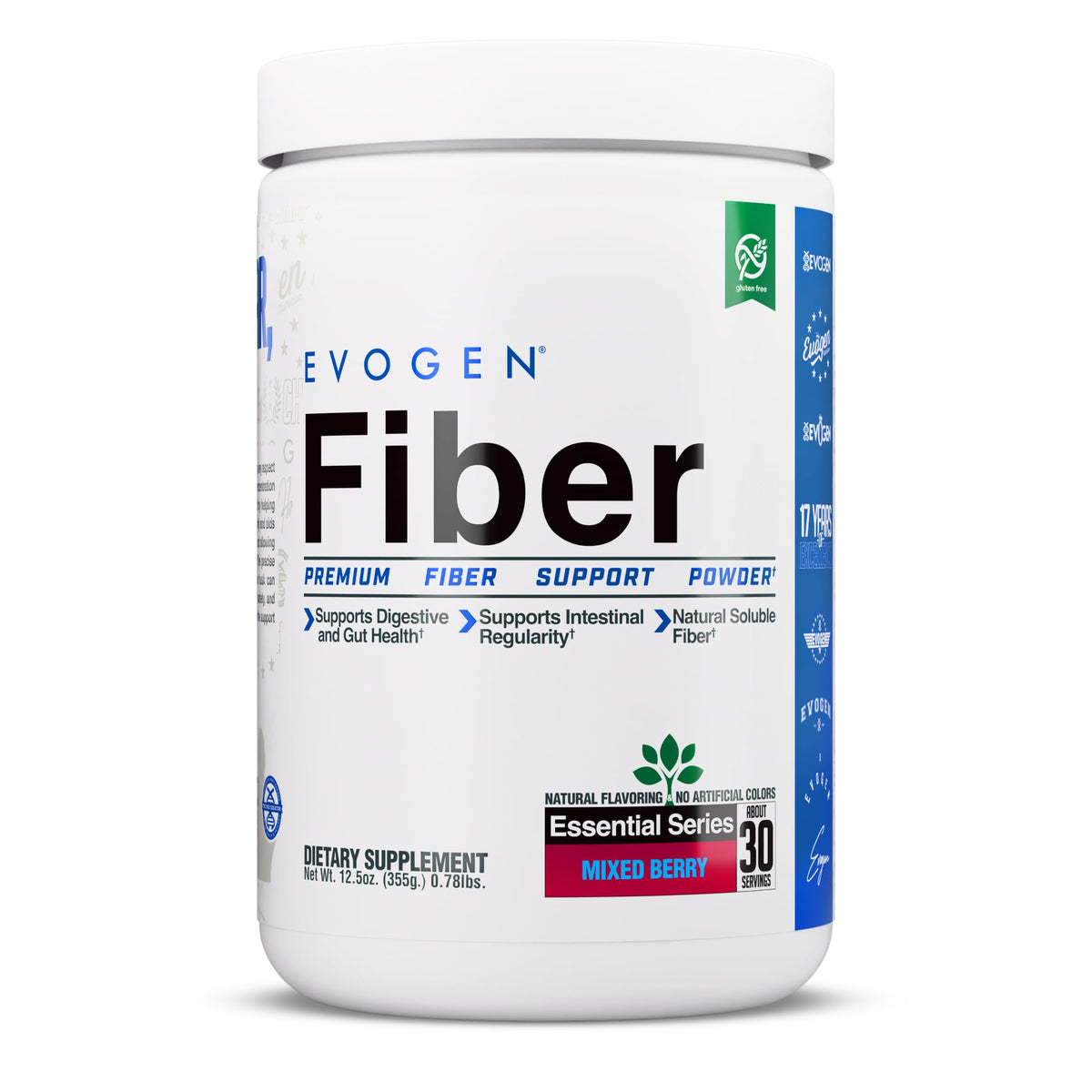 Poudre de fibres Evogen au goût de baies mélangées, vue de face
