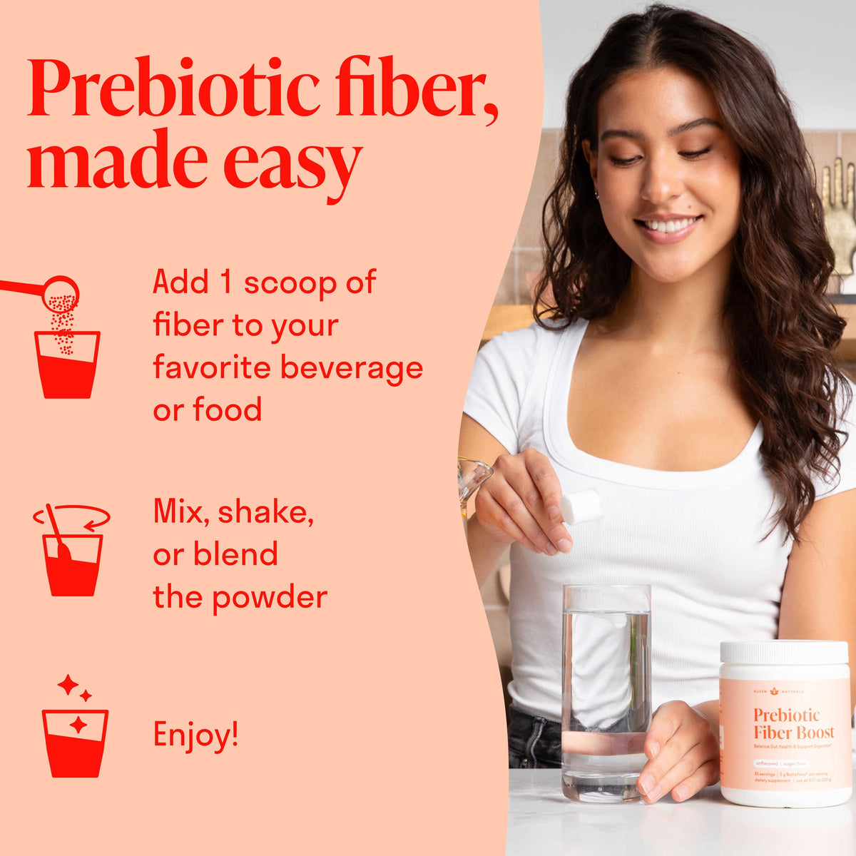 Poudre de fibres Nuven Naturals sur une table avec des ingrédients
