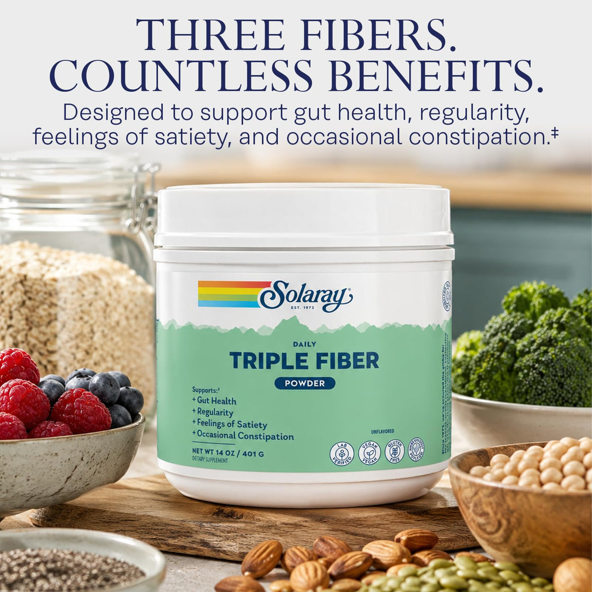 Poudre de Fibres Triples SOLARAY 481g en préparation dans un smoothie