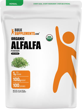 Poudre de foin de luzerne bio BulkSupplements en sachet de 100g