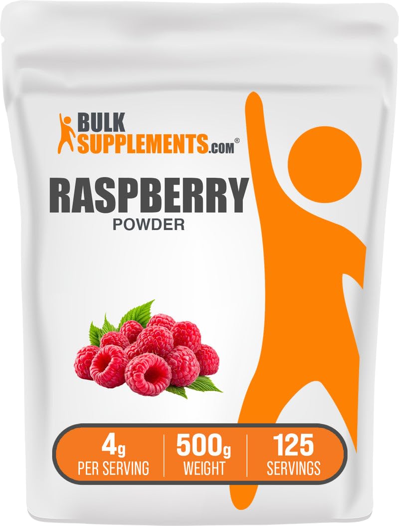 Poudre de framboise BulkSupplements 500g vue avant avec étiquette