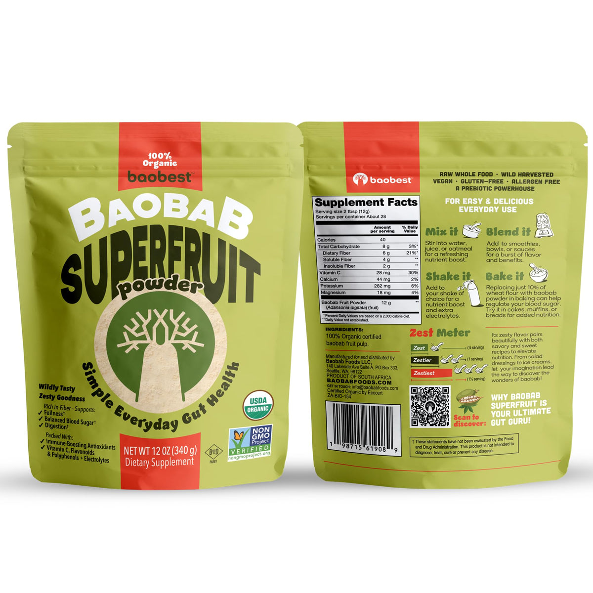 Poudre de fruit de baobab bio Baobest, sachet de 349g