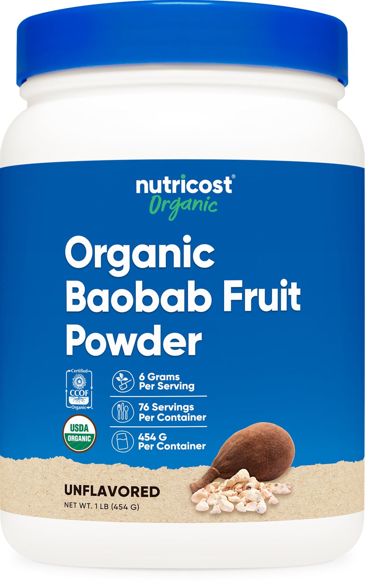 Poudre de fruit de baobab bio Nutricost dans l'emballage avant