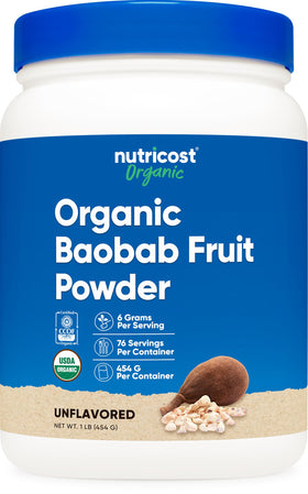 Poudre de fruit de baobab bio Nutricost dans l'emballage avant