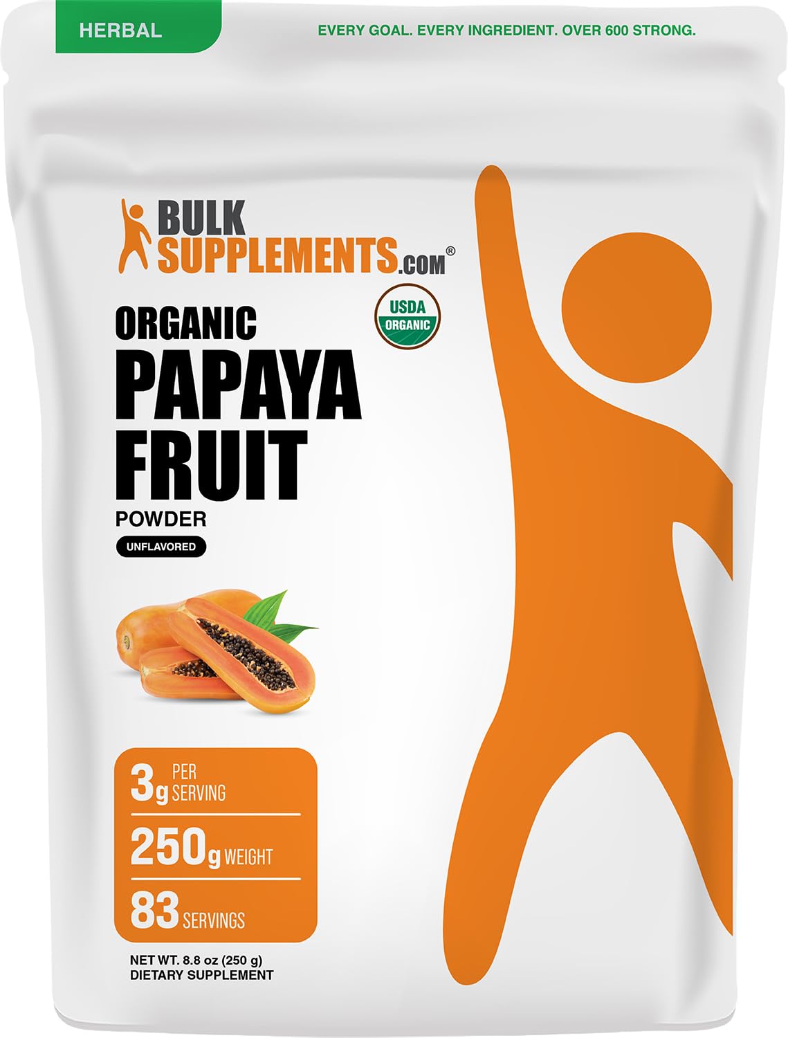 Poudre de fruit de papaye bio BulkSupplements 250g vue de face