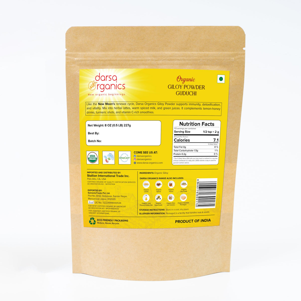 Poudre de Giloy bio Darsa Organics 240g emballage refermable