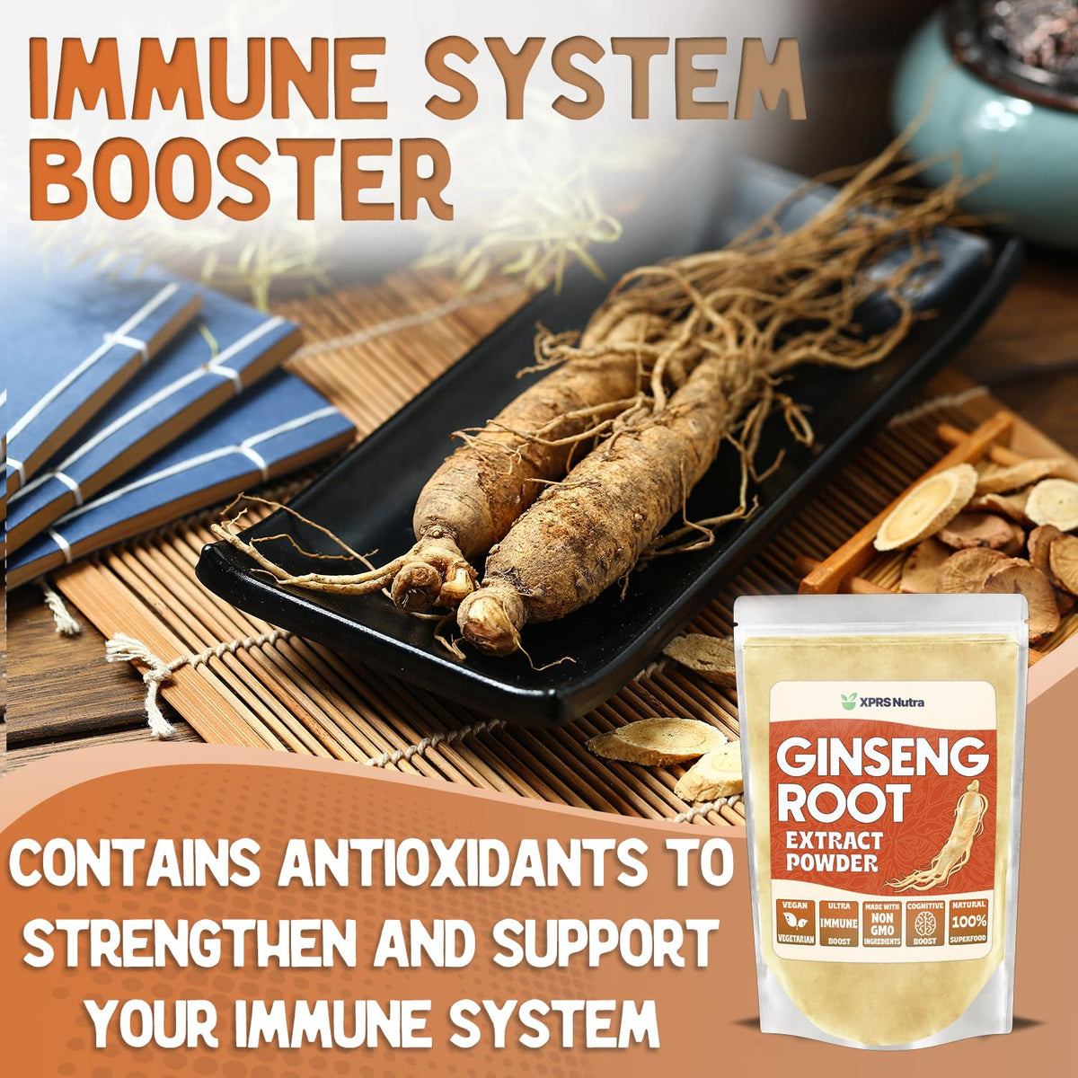 Poudre de ginseng XPRS Nutra dans un bol avec cuillère