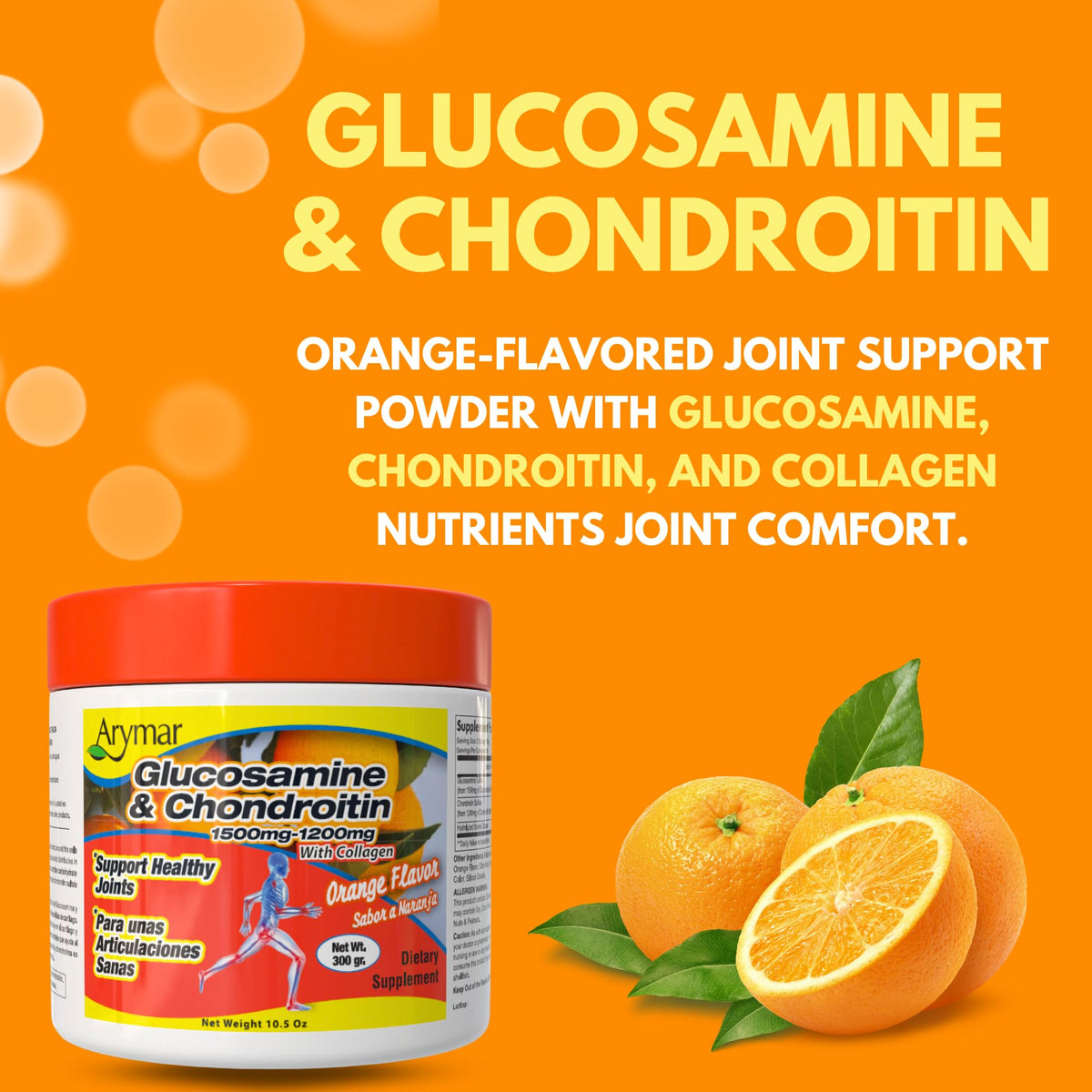 Poudre de glucosamine Arymar sur une table avec des ingrédients