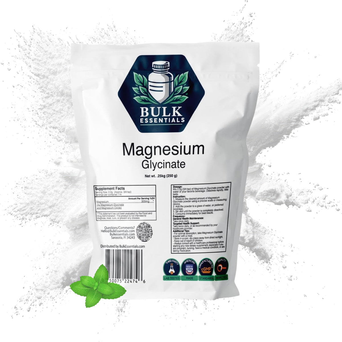 Poudre de Glycinate de Magnésium Bulk Essentials 250g vue de face