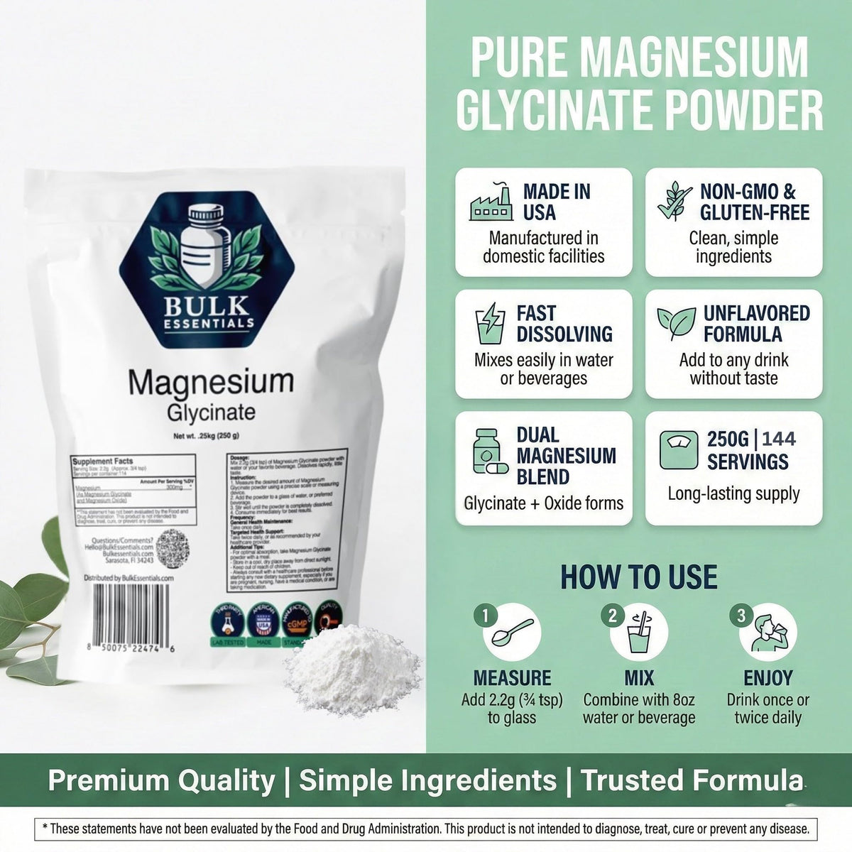 Poudre de Glycinate de Magnésium Bulk Essentials versée dans un verre d'eau