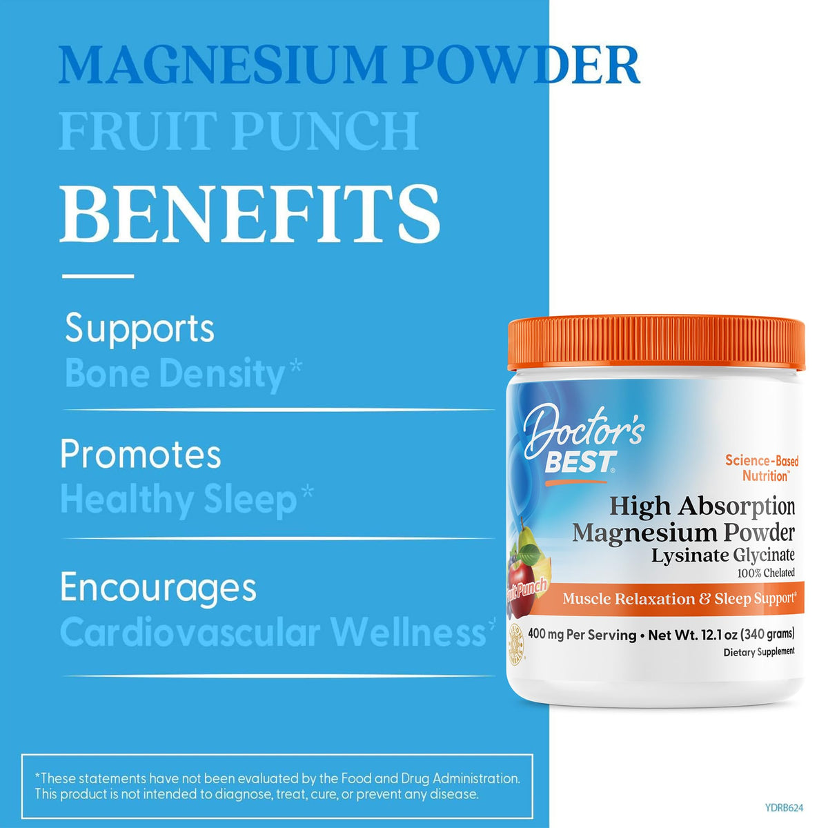 Poudre de glycinate de magnésium Doctor's BEST 400g avec cuillère doseuse