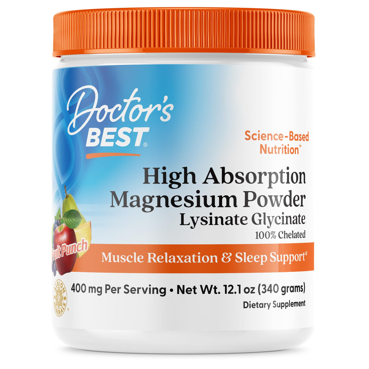 Poudre de glycinate de magnésium Doctor's BEST 400g saveur fruit punch vue de face