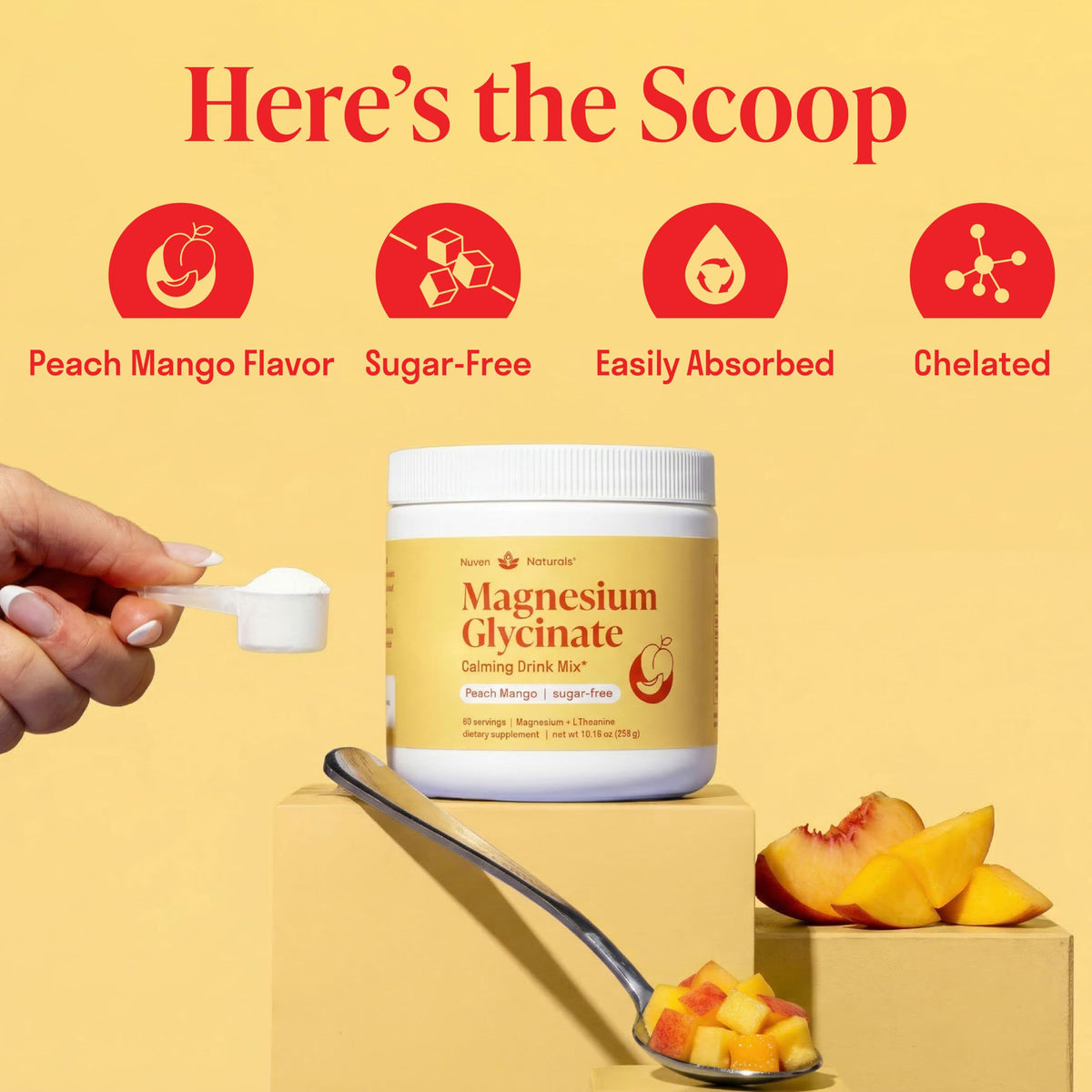 Poudre de glycinate de magnésium Nuven Naturals avec des fruits frais en arrière-plan
