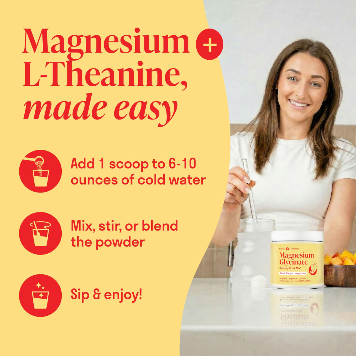 Poudre de glycinate de magnésium Nuven Naturals dans un verre d'eau