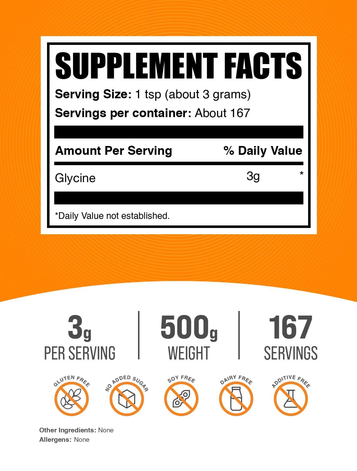 Poudre de glycine BulkSupplements 500g avec cuillère