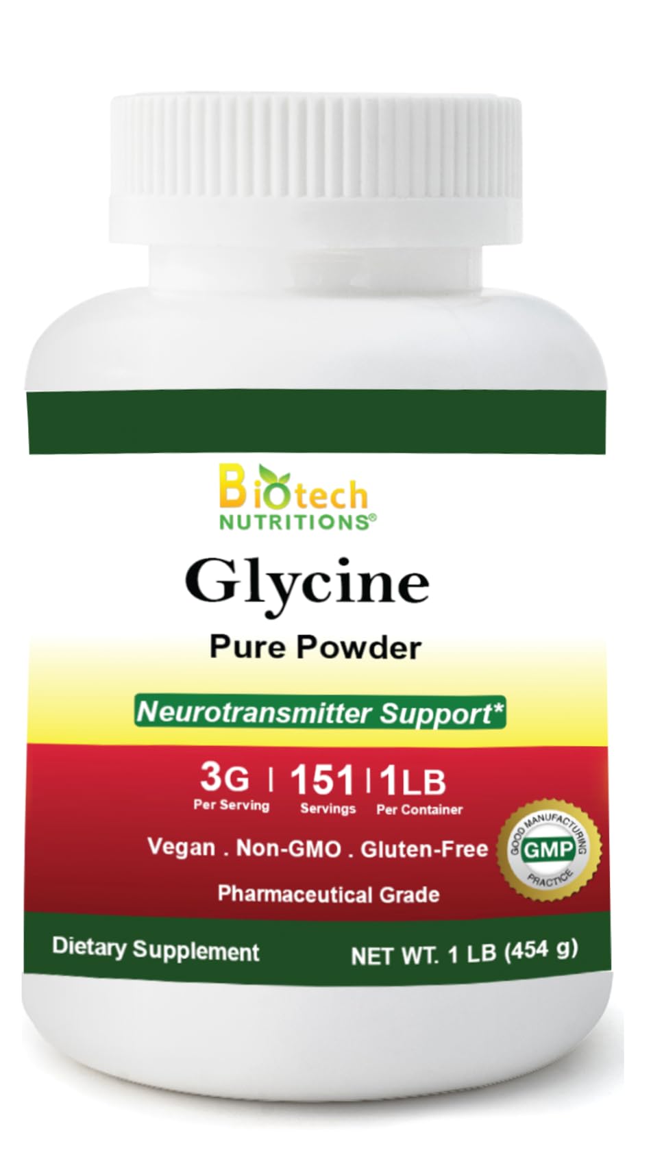 Poudre de Glycine Pure Biotech Nutritions 495g vue avant