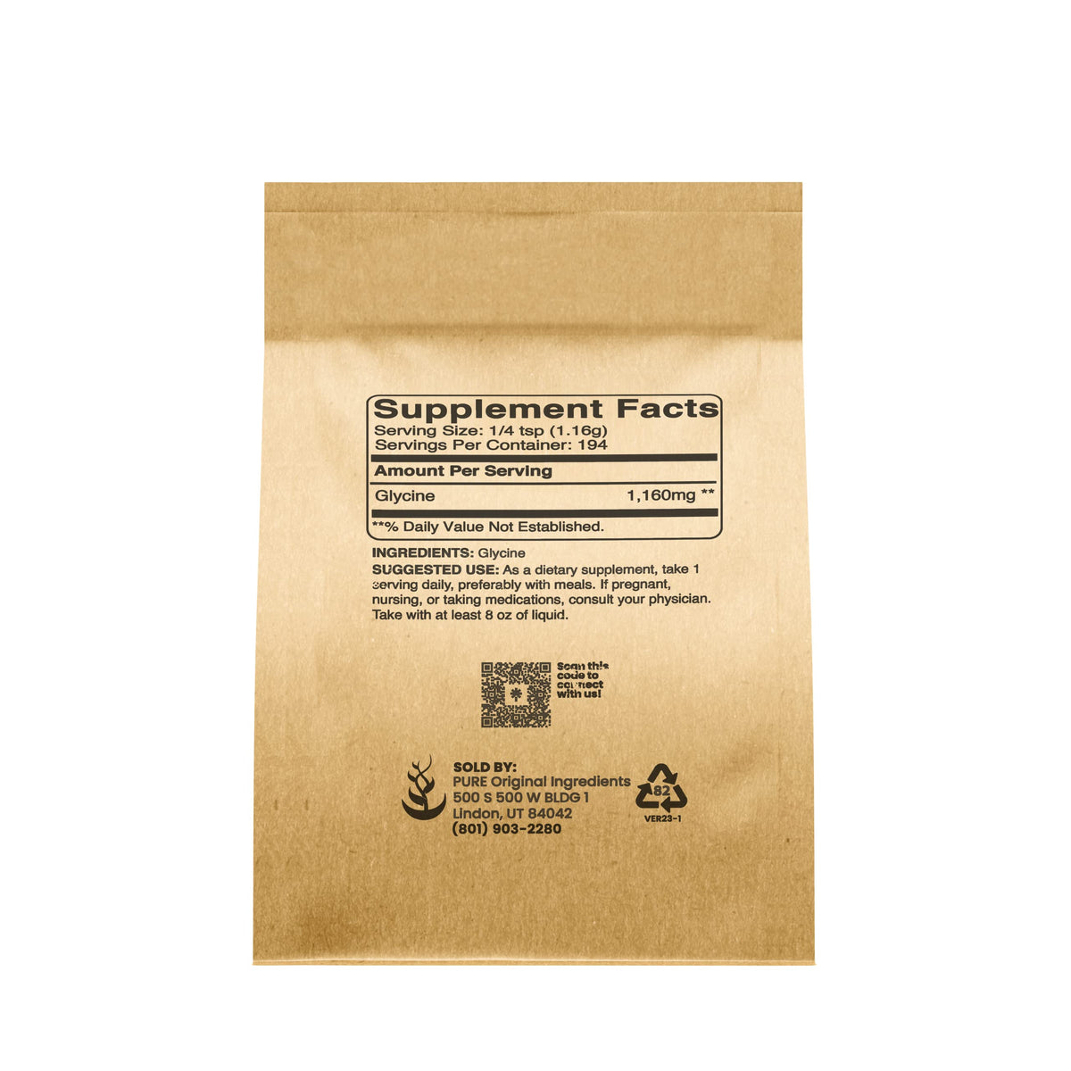 Poudre de Glycine PURE ORIGINAL INGREDIENTS 240g vue arrière avec informations nutritionnelles