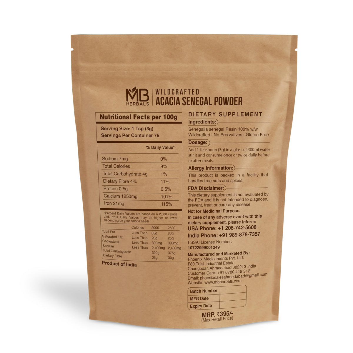 Poudre de gomme acacia MB Herbals 240g au milieu d'ingrédients naturels