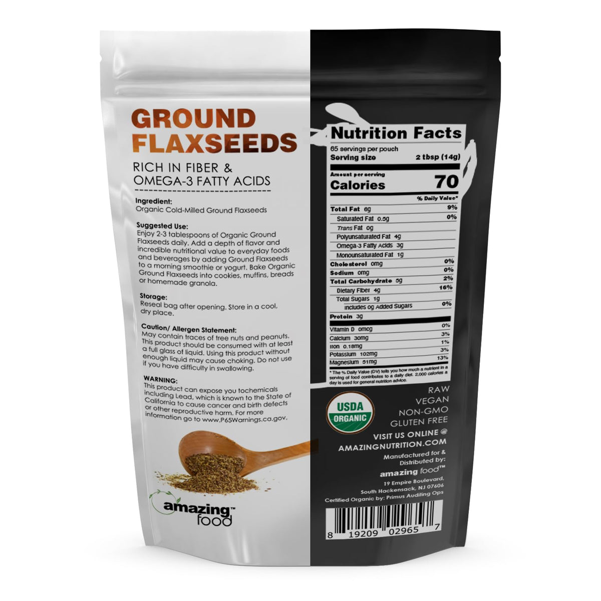 Poudre de graines de lin bio Amazing Nutrition 921g avec cuillère