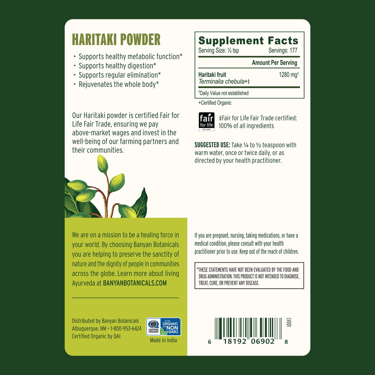 Poudre de Haritaki de Banyan Botanicals vue de côté