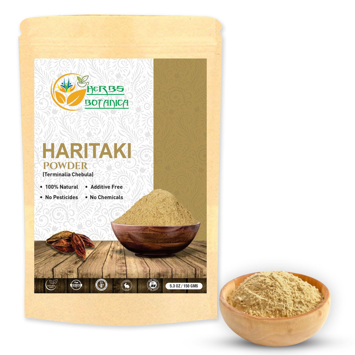 Poudre de haritaki Herbs Botanica 100% pure vue avant dans un sachet